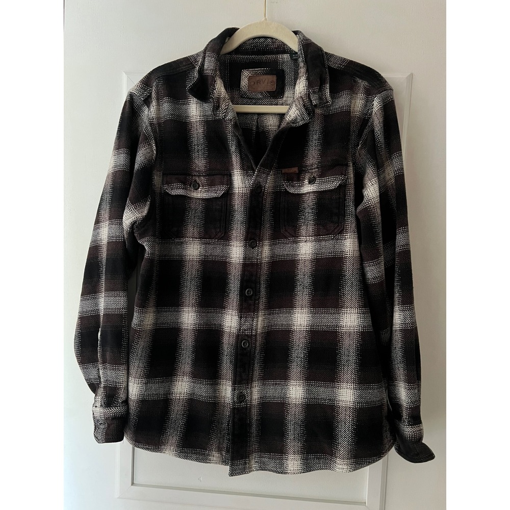 Orvis Mens XL Plaid Flannel Button Down Shirt Brown Cream Cotton Heavy Duty